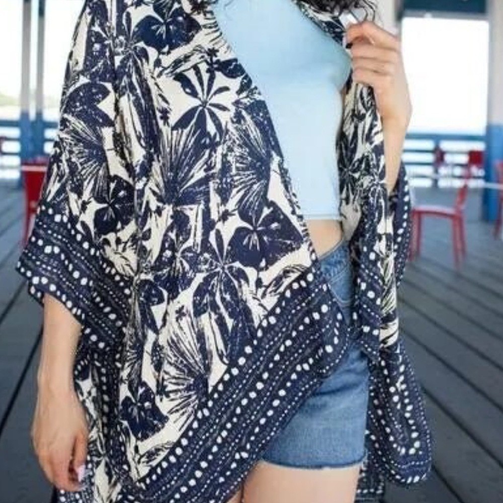 Saachi Woodblock Duster‎ Navy Tropical High Low Kimono Beachy Summer Vacation
